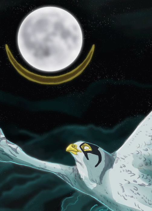 Khonsu, in the form of a falcon, flies beneath the moon.