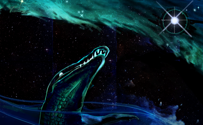 Sobek, the celestial crocodile, swims through the primordial sea.